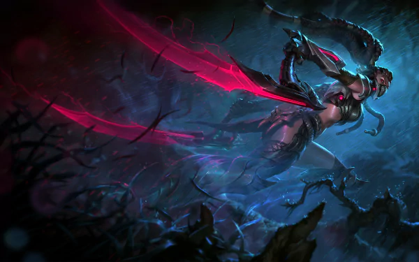 Akali from League of Legends strikes a dramatic pose in a dark, rain-soaked environment, illuminated by a vibrant glow from her weapon, creating an intense video game wallpaper.
