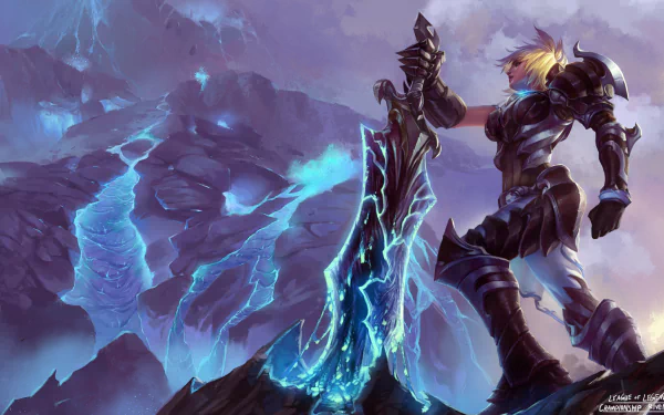 Riven from League of Legends stands poised with her shattered sword against a dramatic backdrop of lightning and mountains, showcasing a powerful scene from the popular video game.