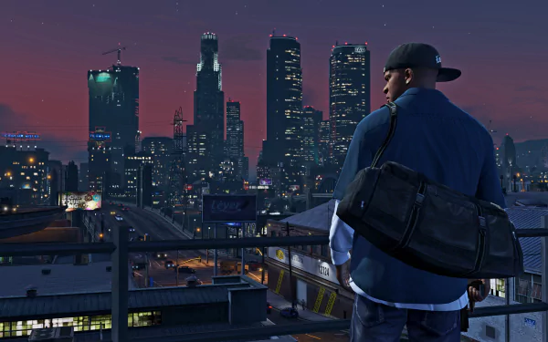 A HD desktop wallpaper featuring Franklin Clinton from Grand Theft Auto V, overlooking a cityscape at dusk.