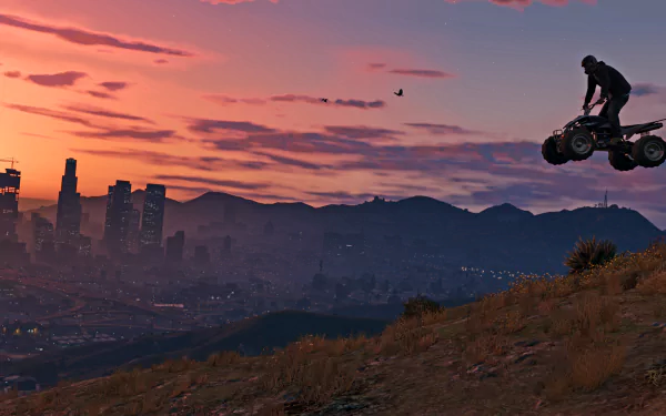 A dynamic scene from Grand Theft Auto V featuring a character on an ATV leaping against a sunset backdrop, showcasing the game's vibrant urban landscape and adventure.