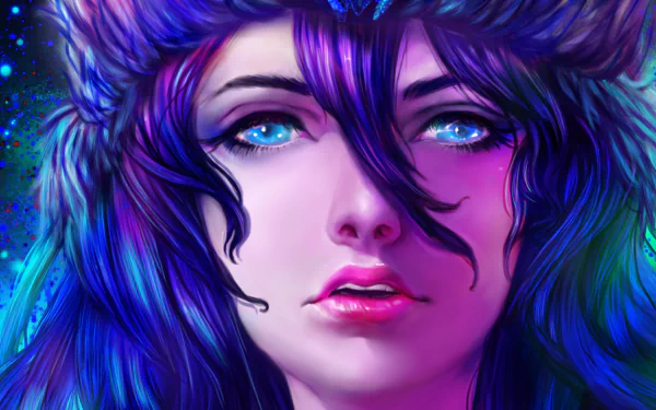Close-up HD wallpaper of Sivir from League of Legends, featuring vibrant blue hair, glowing eyes, and detailed lips in a vivid video game art style.