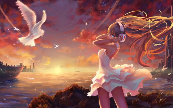 Anime Vocaloid Hatsune Miku Dress Headphones Sea Sunset Ship HD Wallpaper | Background Image