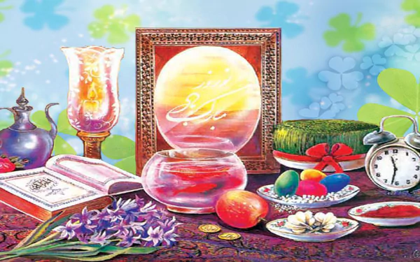 HD Nowruz holiday desktop wallpaper featuring traditional Haft-Seen items, a framed artwork, and vibrant spring-themed decorations.