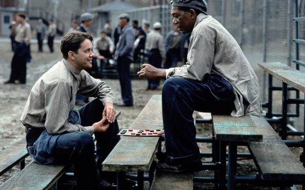 Tim Robbins and Morgan Freeman in a still from the movie The Shawshank Redemption, depicted as a high-definition desktop wallpaper and background.