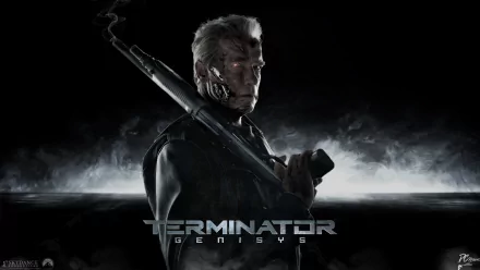 A dramatic poster featuring T800 from Terminator Genisys, showcasing Arnold Schwarzenegger with a menacing expression, holding a weapon against a dark, moody background.
