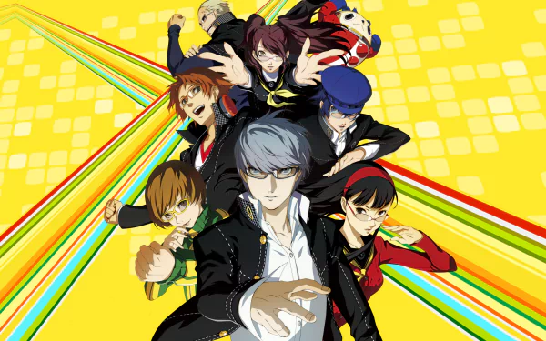 HD PC desktop wallpaper featuring the main characters from the video game Persona 4 against a vibrant yellow background with colorful diagonal stripes.