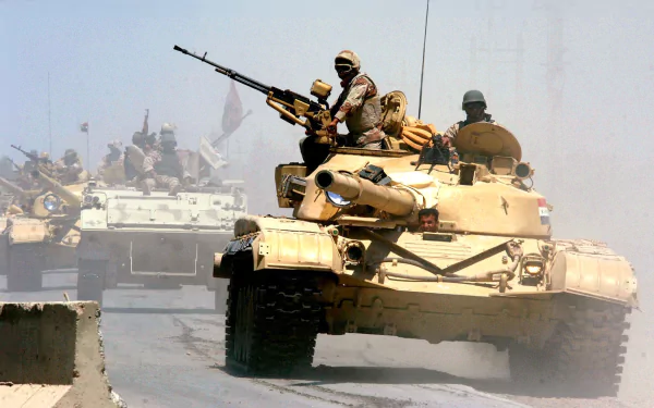 HD desktop wallpaper featuring a T-72 tank in a military operation setting, with soldiers on board maneuvering through a dusty environment.