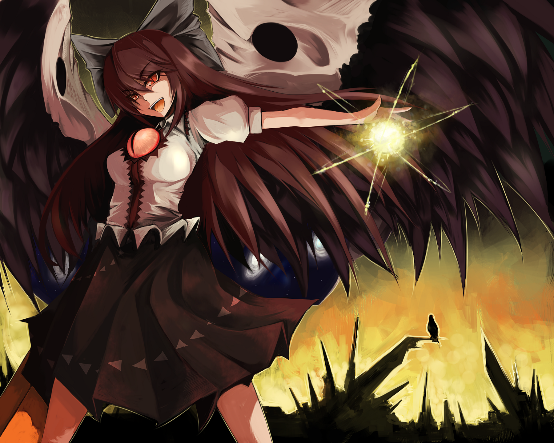 Utsuho Reiuji (Touhou anime) with black wings and a glowing orb, fierce pose over a fiery landscape — HD PC desktop wallpaper background.