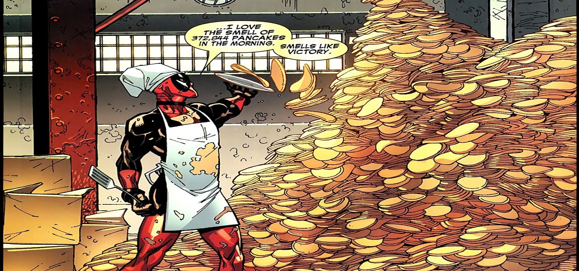 HD PC desktop wallpaper featuring comic character Deadpool flipping a pancake next to a towering stack of pancakes in a kitchen setting.