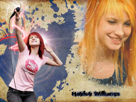 Music HD PC desktop wallpaper showing two portraits of an orange-haired female singer—performing and smiling—on a grungy paint-splatter background.