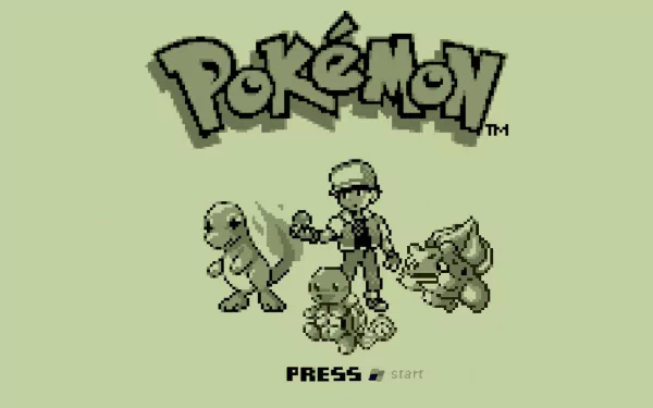 HD PC desktop wallpaper featuring Pokémon Red’s iconic starter Pokémon Squirtle, Bulbasaur, Charmander, and the trainer from Pokémon: Red and Blue.