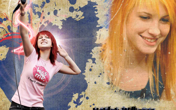 Music HD PC desktop wallpaper showing two portraits of an orange-haired female singer—performing and smiling—on a grungy paint-splatter background.