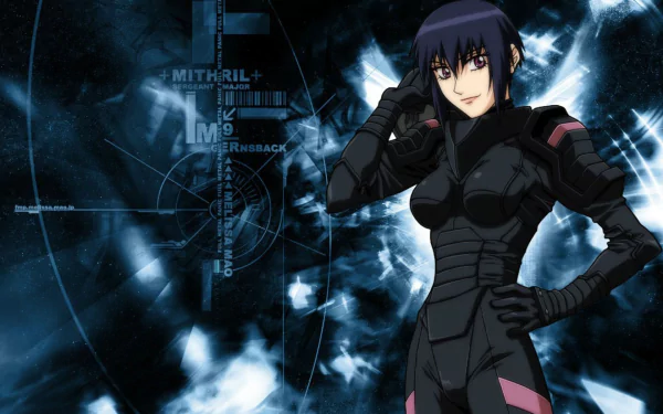 A stylish HD wallpaper featuring a character from the anime *Full Metal Panic!* in a sleek black suit, set against a dynamic blue and black background with graphical elements.