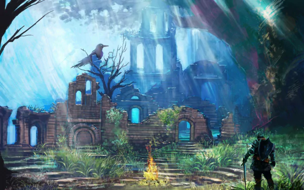 HD PC desktop wallpaper featuring a Dark Souls-inspired scene with a lone warrior near a campfire amidst ancient ruins under a mystical blue sky.