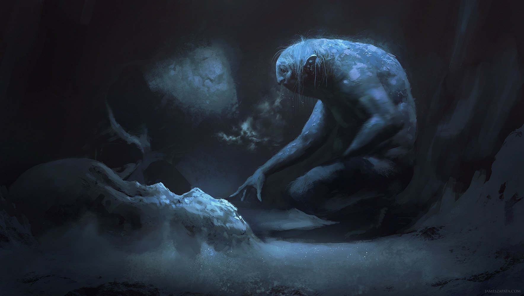 Fantasy creature HD PC desktop wallpaper: a gaunt, pale being in an icy cavern reaches toward a frost-covered skull as moonlight and mist glow.
