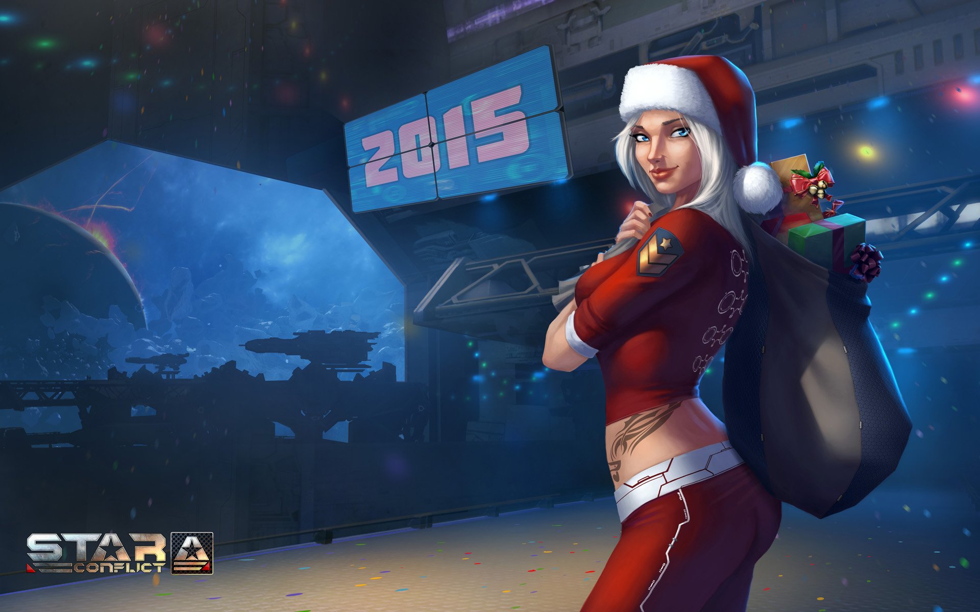 HD PC desktop wallpaper for the MMORPG video game Star Conflict: a festive Santa-hat female pilot with a gift sack stands on a space station platform, overlooking starry space and hovering ships.