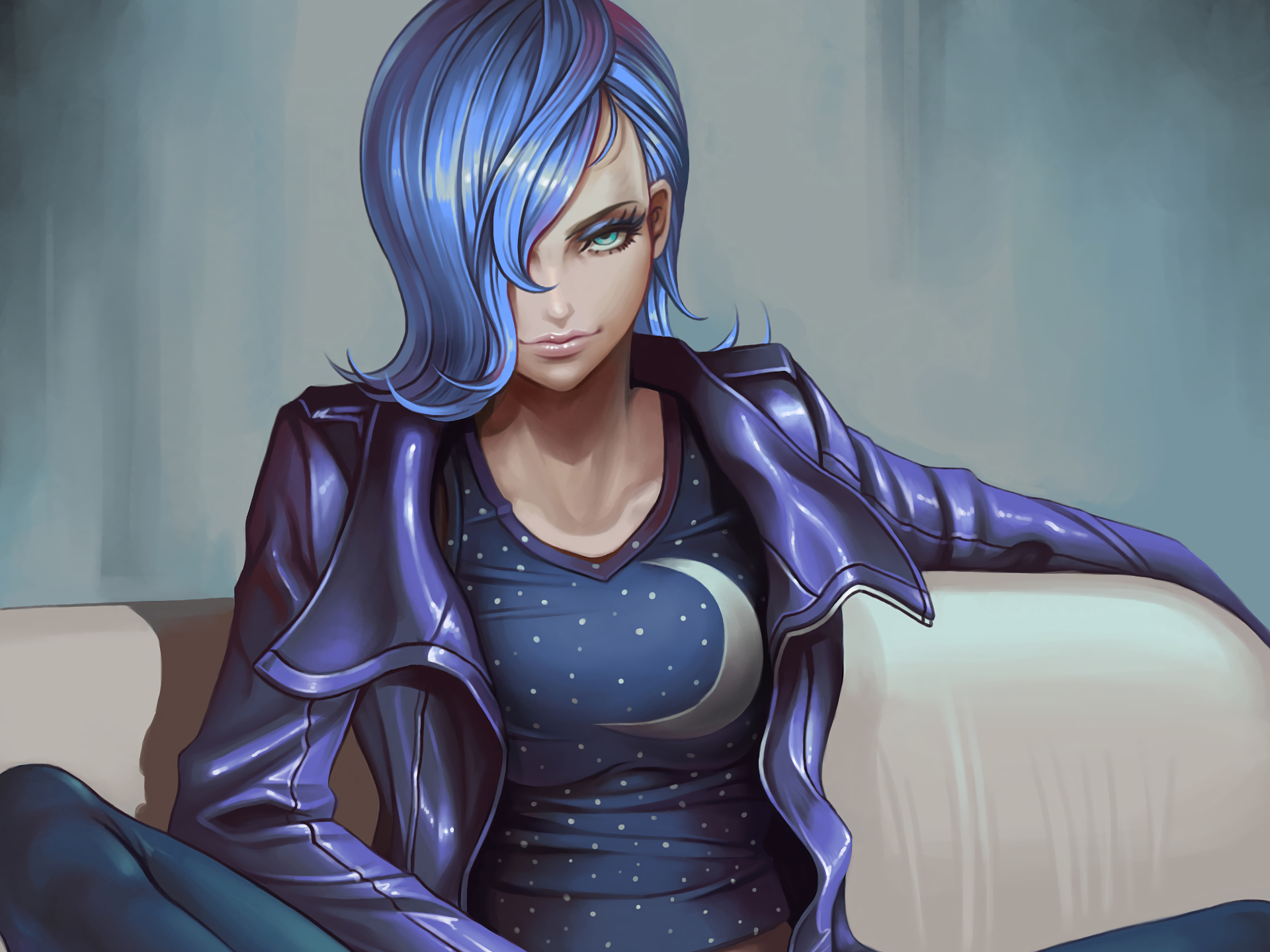 HD PC desktop wallpaper of cartoon Princess Luna (My Little Pony: Friendship Is Magic): short blue hair, blue eyes, starry crescent shirt and glossy purple jacket reclining on a pale couch.