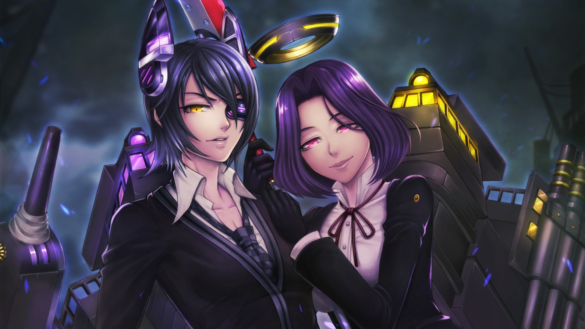 HD anime desktop wallpaper featuring Tatsuta and Tenryuu from Kantai Collection with a Halo theme, set against a dark, moody background.