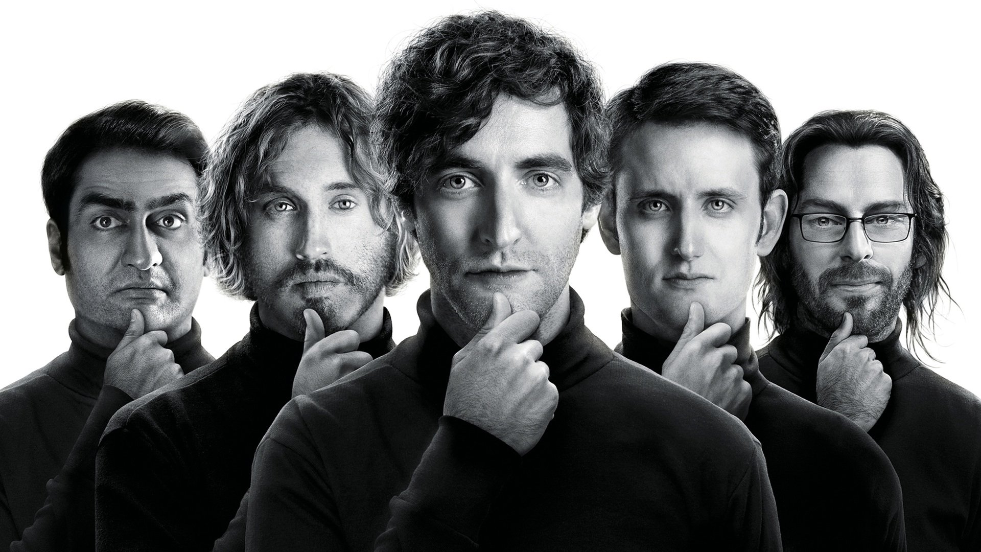 Black and white HD desktop wallpaper featuring the main cast of the TV show Silicon Valley, all posing thoughtfully with hands on their chins.