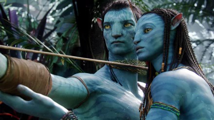 A stunning HD wallpaper featuring Neytiri from the movie Avatar, showcasing her striking features alongside a companion in a lush, vibrant jungle setting.