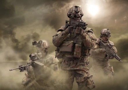 Three soldiers in tactical gear stand ready for action amidst a smoky battlefield, showcasing military strength and readiness. 4K Ultra HD PC desktop wallpaper.