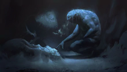 Fantasy creature HD PC desktop wallpaper: a gaunt, pale being in an icy cavern reaches toward a frost-covered skull as moonlight and mist glow.