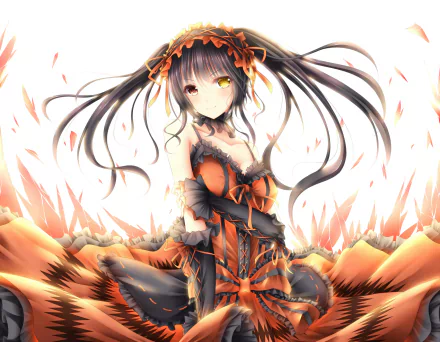 HD desktop wallpaper featuring Kurumi Tokisaki from Date A Live in a gothic dress, showcasing her striking heterochromia. The background is artistically dramatic with vibrant colors.
