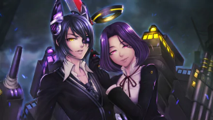 HD anime desktop wallpaper featuring Tatsuta and Tenryuu from Kantai Collection with a Halo theme, set against a dark, moody background.