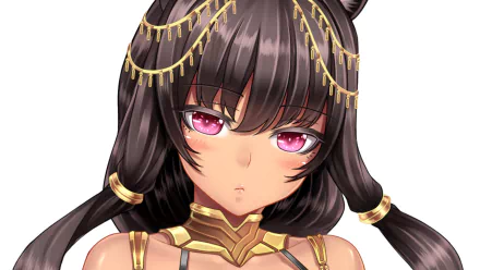 Anime-style Monster Girl Encyclopedia character with Anubis-inspired gold accessories and dark hair, designed as an HD PC desktop wallpaper and background.