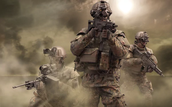 Three soldiers in tactical gear stand ready for action amidst a smoky battlefield, showcasing military strength and readiness. 4K Ultra HD PC desktop wallpaper.