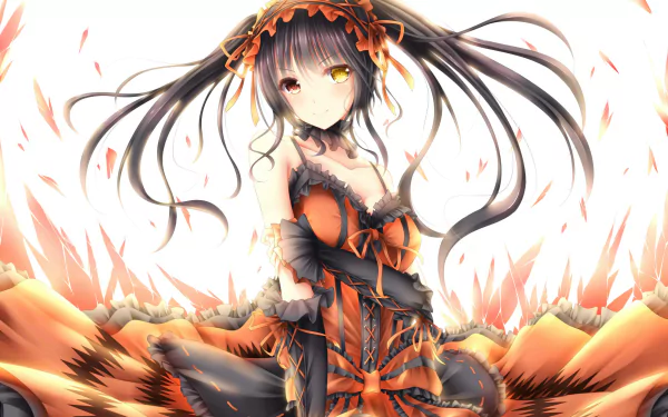 HD desktop wallpaper featuring Kurumi Tokisaki from Date A Live in a gothic dress, showcasing her striking heterochromia. The background is artistically dramatic with vibrant colors.