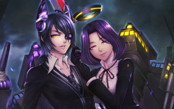 HD anime desktop wallpaper featuring Tatsuta and Tenryuu from Kantai Collection with a Halo theme, set against a dark, moody background.