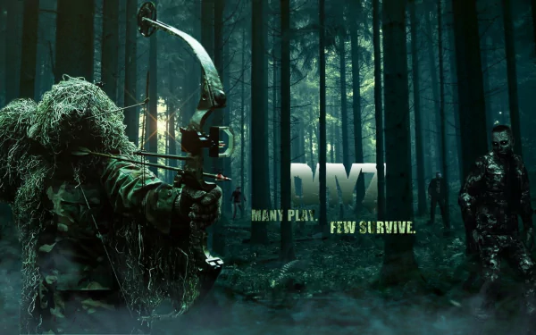HD PC desktop wallpaper from the video game Arma 2: DayZ Mod, featuring a camouflaged archer aiming at a zombie in a dark, dense forest with the text Many play. Few survive.