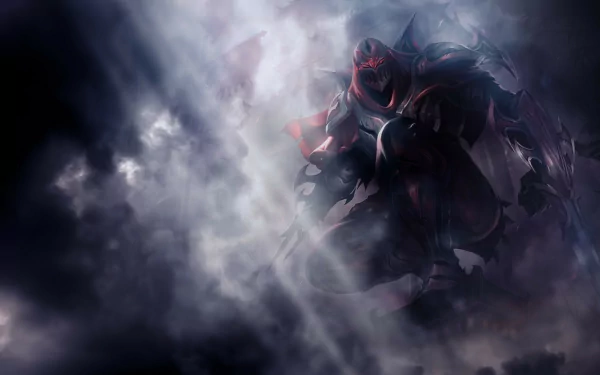 A dark, atmospheric HD wallpaper featuring Zed from League of Legends, showcasing his menacing presence amidst swirling clouds and striking light effects.