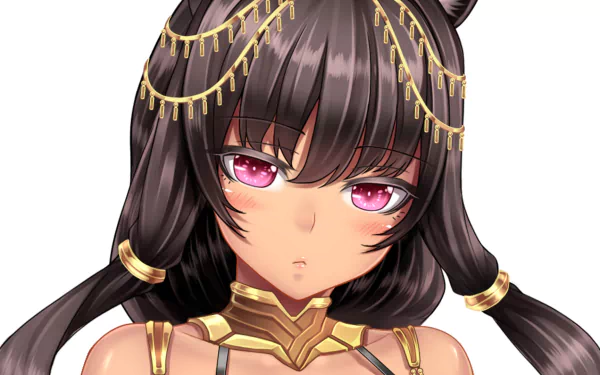 Anime-style Monster Girl Encyclopedia character with Anubis-inspired gold accessories and dark hair, designed as an HD PC desktop wallpaper and background.