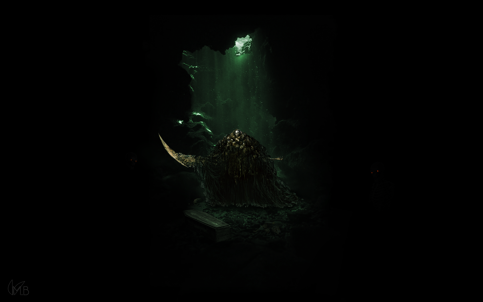 HD PC desktop wallpaper featuring a dark, atmospheric scene from the video game Dark Souls, highlighting a lone figure in dim, greenish light within a cavernous environment.