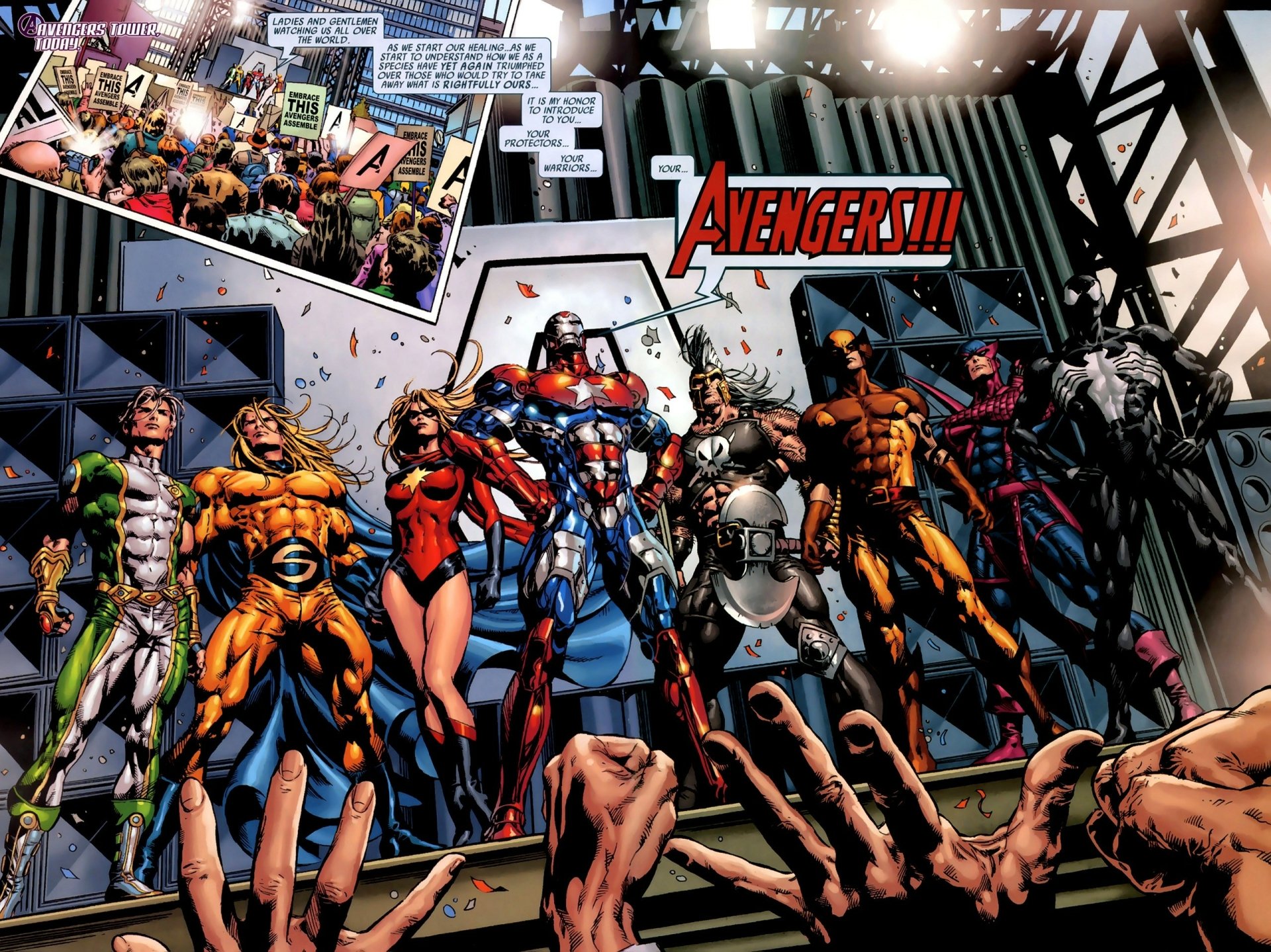 Comic 2K Quad HD PC desktop wallpaper of the Avengers — Sentry, Wolverine, Spider-Man, Hawkeye, Iron Man and Ms. Marvel striking a dramatic lineup onstage.
