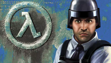 Video game HD PC desktop wallpaper of Half-Life: Blue Shift — stern security guard in riot helmet beside a weathered Lambda logo on a textured blue-green background.