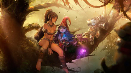 HD desktop wallpaper featuring Ixtal, Tristana, Lulu, and Nidalee from League of Legends, set in a lush, mystical forest environment.