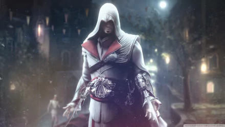 HD PC desktop wallpaper featuring a hooded character from the video game Assassin's Creed: Brotherhood, standing in a misty, dimly lit urban setting.