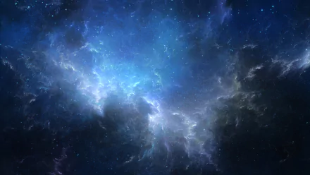 A stunning 4K Ultra HD depiction of a vast, cosmic space filled with swirling clouds of blue and dark hues, evoking the mysteries of the universe.