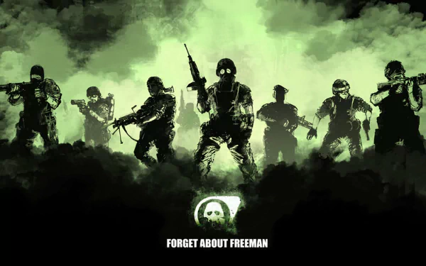 A striking HD wallpaper from the video game Half-Life: Opposing Force, featuring a group of soldiers in masks and tactical gear, set against a dramatic green and black background.