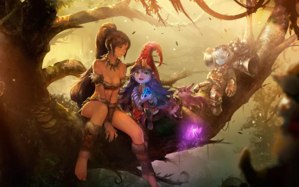 HD desktop wallpaper featuring Ixtal, Tristana, Lulu, and Nidalee from League of Legends, set in a lush, mystical forest environment.