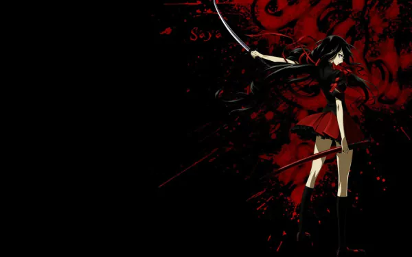 HD desktop wallpaper featuring Saya Kisaragi from the anime Blood-C, portraying a dynamic pose with a sword against a striking red and black backdrop.