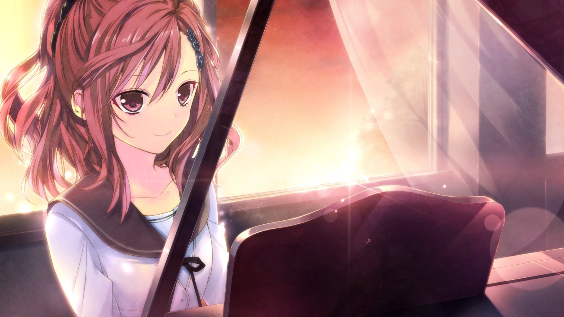 HD anime desktop wallpaper featuring Aizawa Makoto from Negai no Kakera to Hakugin no Agreement, playing piano with warm, glowing light streaming through a window.