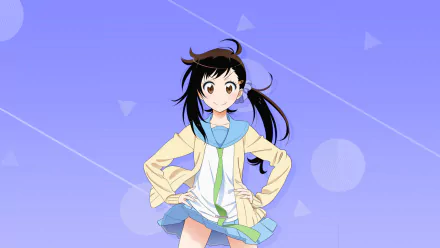 A vibrant HD wallpaper featuring Haru Onodera from the anime Nisekoi, showcasing her in a playful pose with a light blue skirt against a soft purple background.