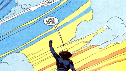 Comic-style HD PC desktop wallpaper featuring Black Manta from Aquaman raising a fist against a vibrant sky with dialogue bubble.