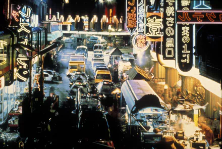 A vibrant city scene from Blade Runner, featuring neon lights and busy streets, serving as an evocative HD desktop wallpaper and background.