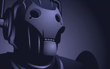 A dark, stylized image of a Cyberman from the TV show Doctor Who (2005), designed as an HD desktop wallpaper and background, featuring sleek lines and a haunting expression.