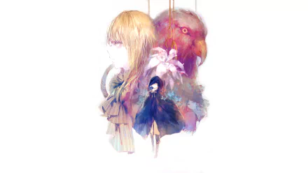 Anime original HD PC desktop wallpaper and background: watercolor-style portrait of a blonde girl in profile, a cloaked figure, lilies and a large bird head on a white backdrop.